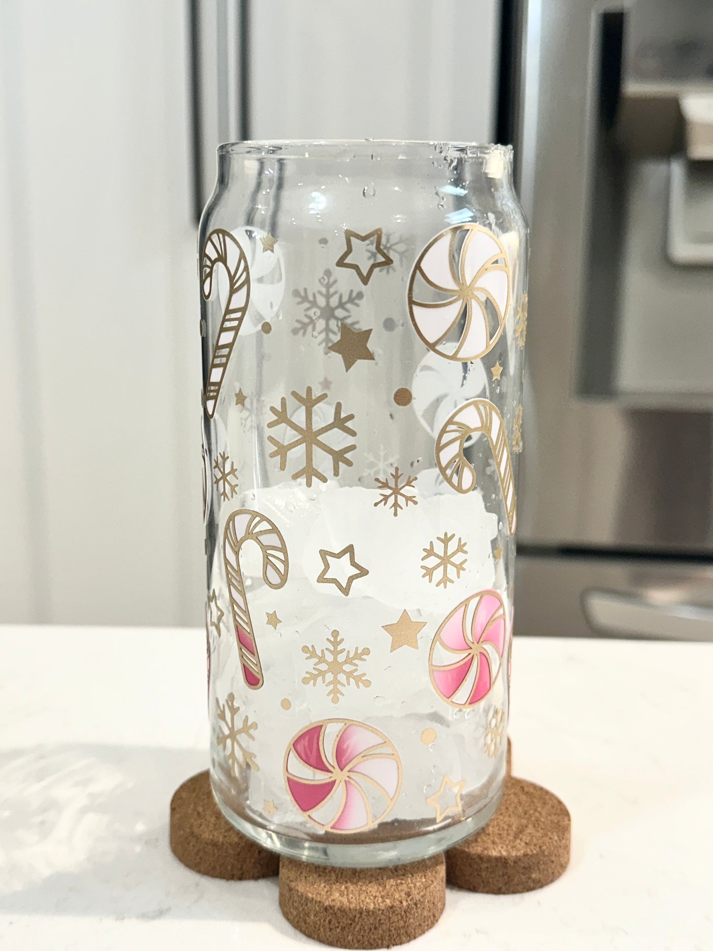 20oz Libbey Can Glass - Pink and Gold Candy Canes (Cold Colour Changing)