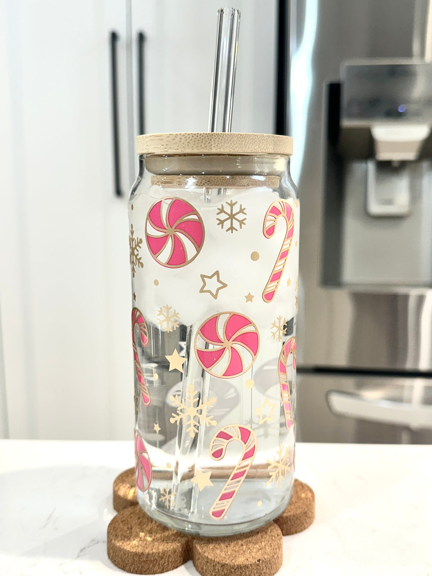 20oz Libbey Can Glass - Pink and Gold Candy Canes (Cold Colour Changing)