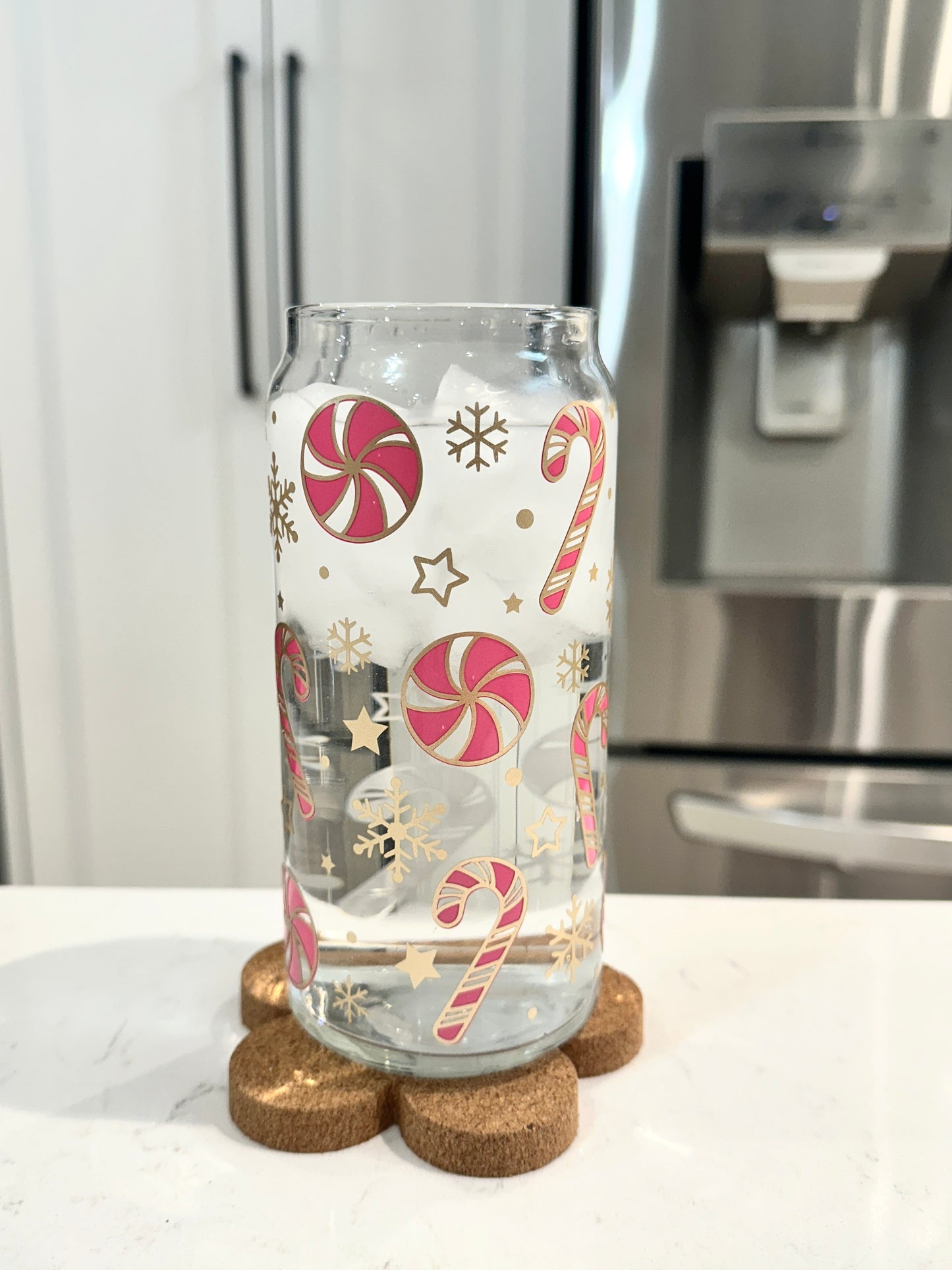 20oz Libbey Can Glass - Pink and Gold Candy Canes (Cold Colour Changing)