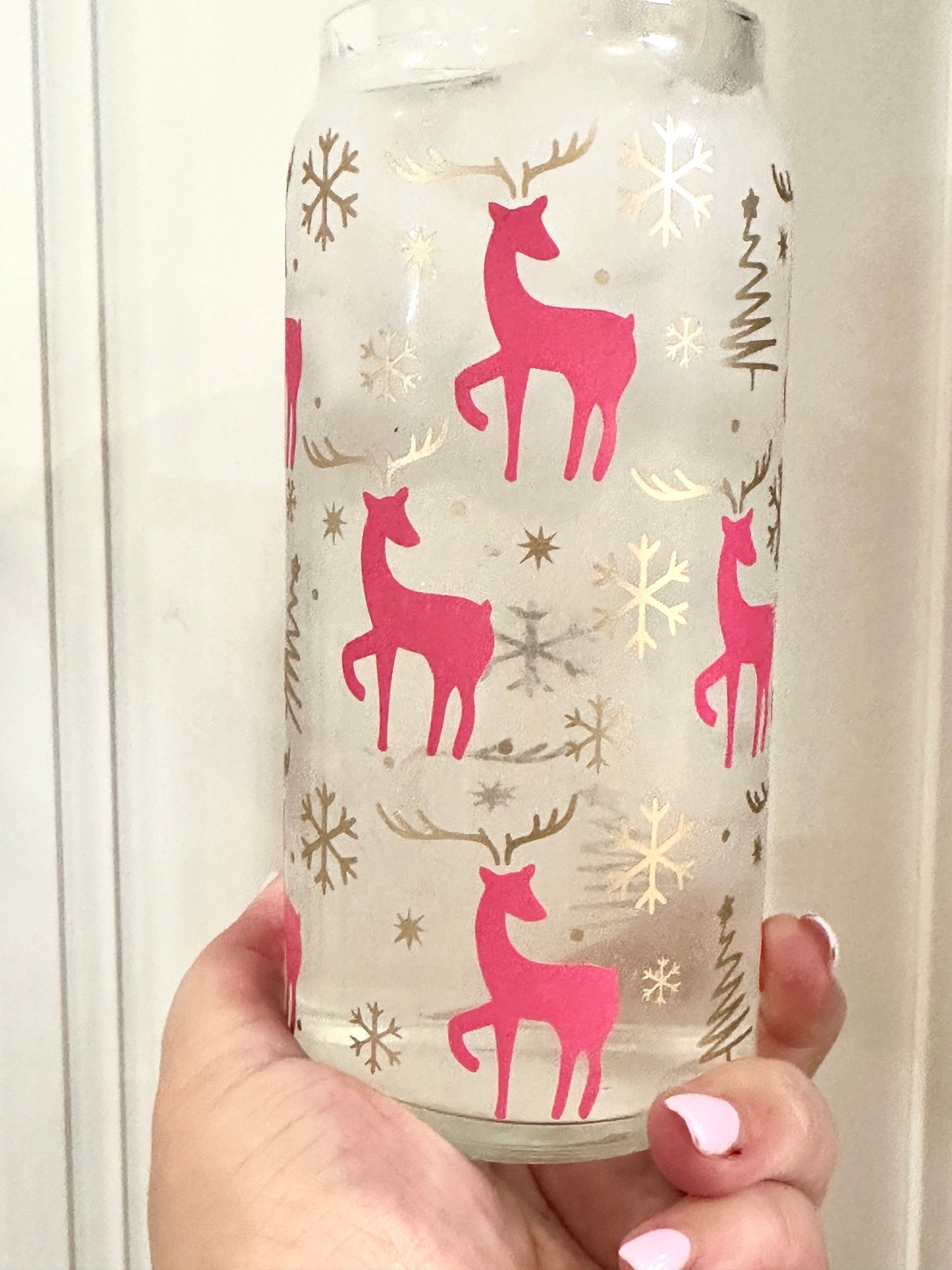 20oz Libbey Can Glass - Pink and Gold Reindeer (Cold Colour Changing)