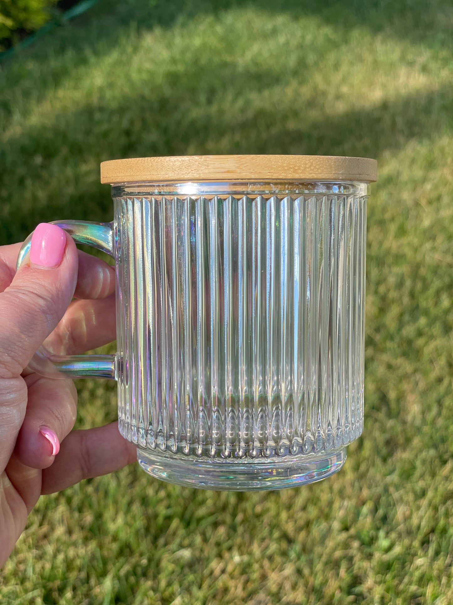 Iridescent Glass Coffee Cup with Bamboo Lid