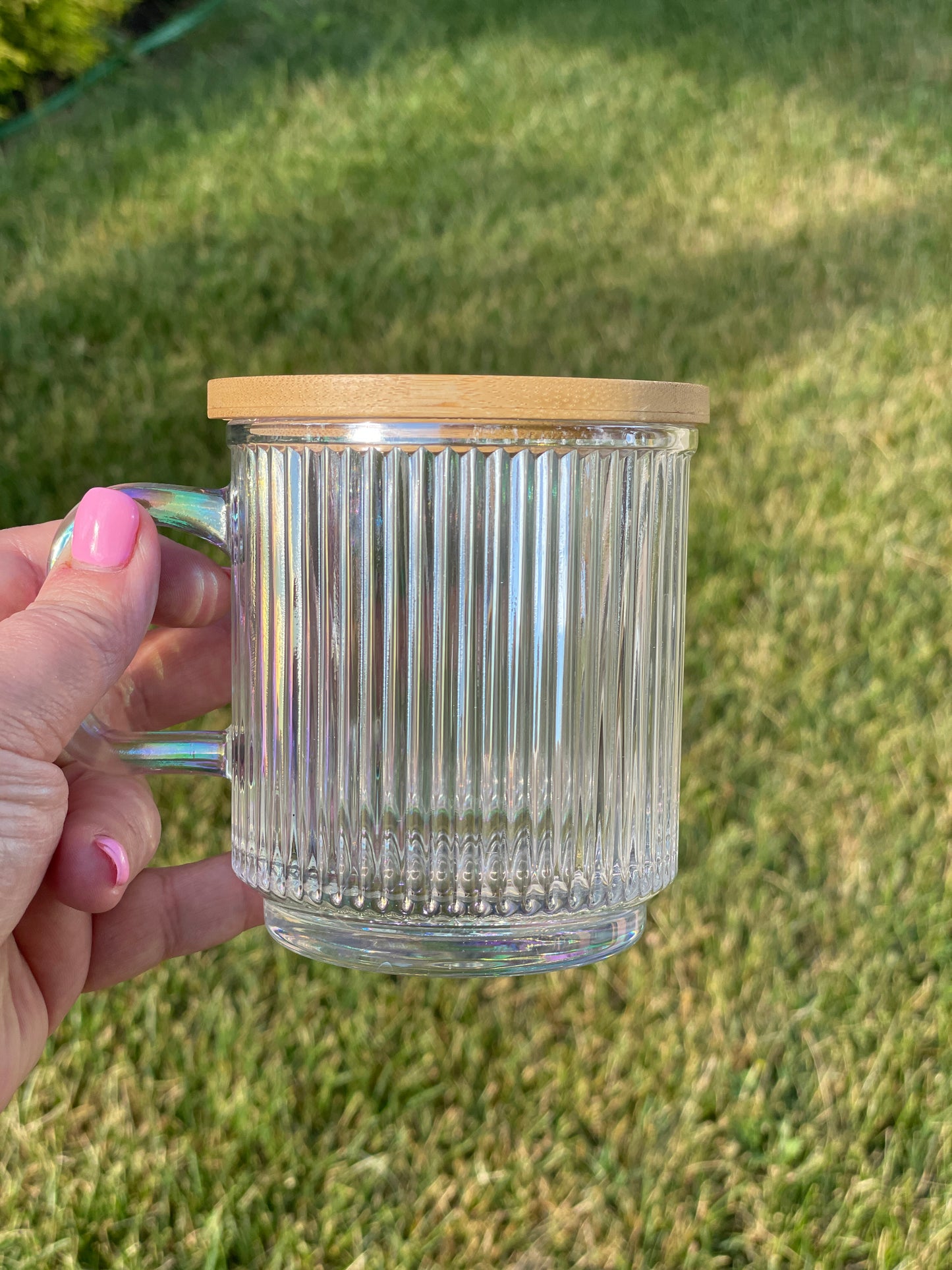 Iridescent Glass Coffee Cup with Bamboo Lid