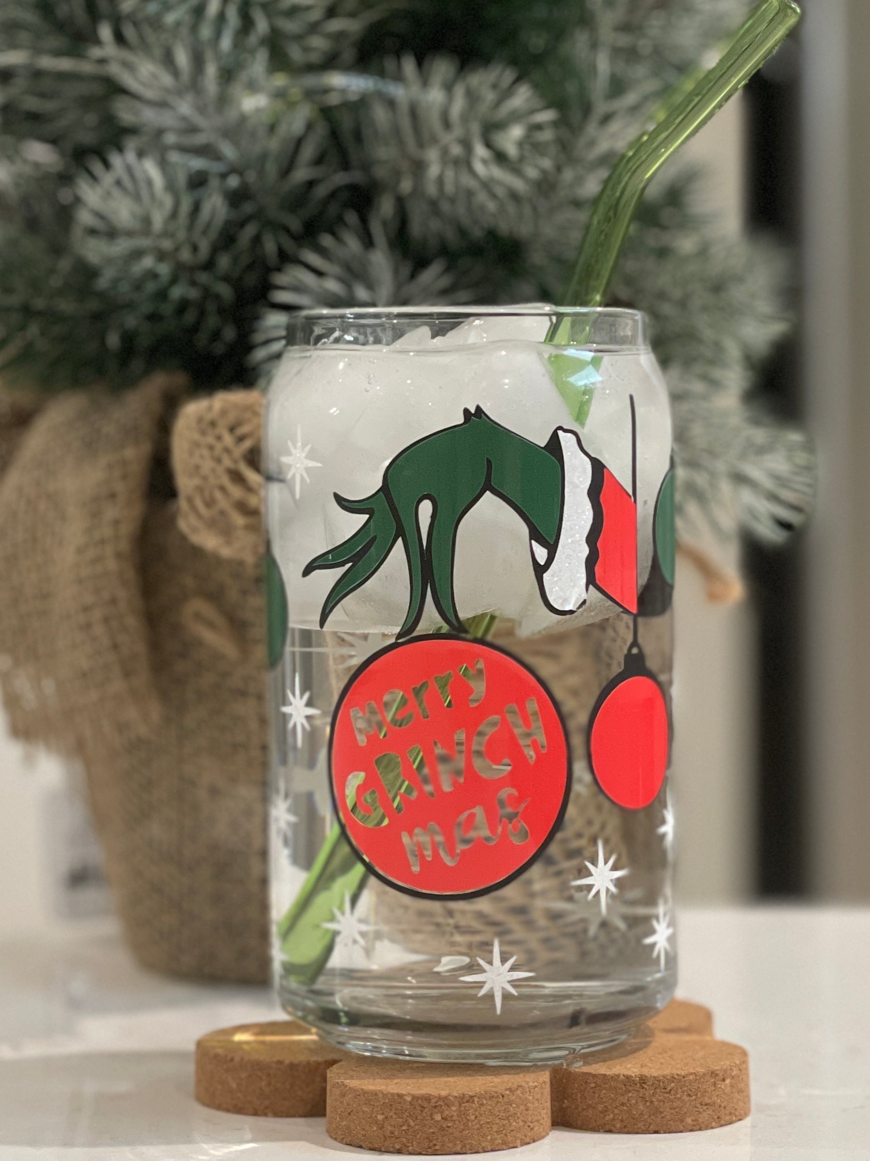 Grinch Christmas Light Can Glass Grinchmas Cup 16 Oz Cup With Bamboo Lid  and Glass Straw 