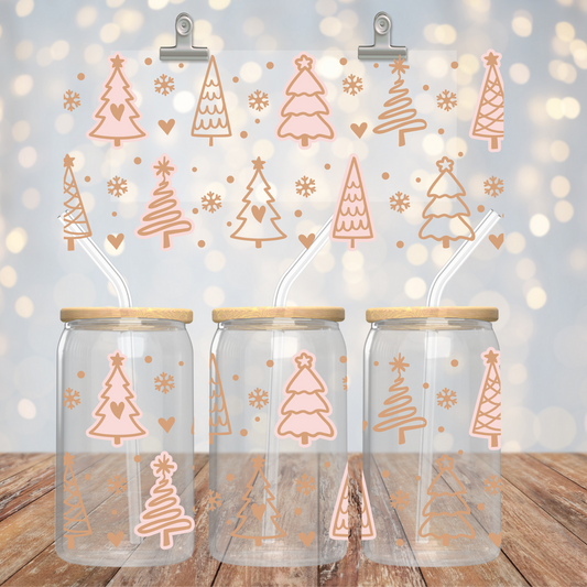 16oz Can Glass - Pink and Gold Christmas