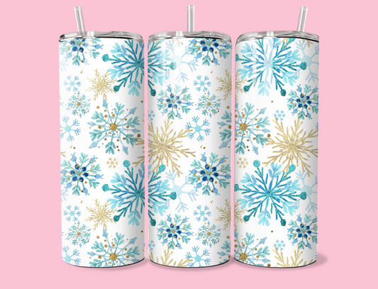 20oz Blue and Gold Snowflake Tumbler