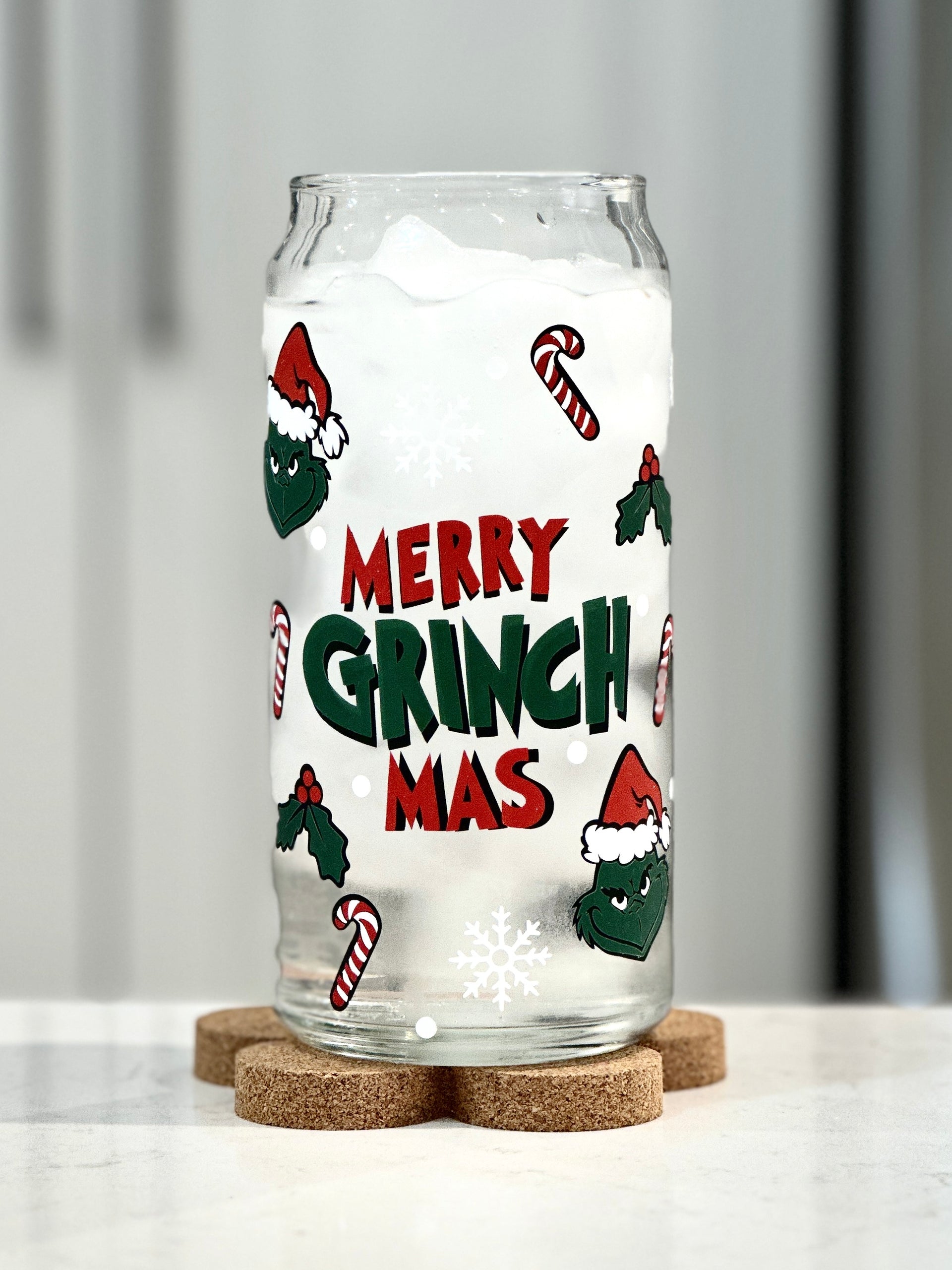 Grinch Christmas Light Can Glass Grinchmas Cup 16 Oz Cup With Bamboo Lid  and Glass Straw 