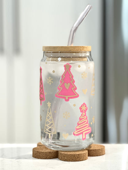 16oz Can Glass - Pink and Gold Christmas (Cold Colour Changing)