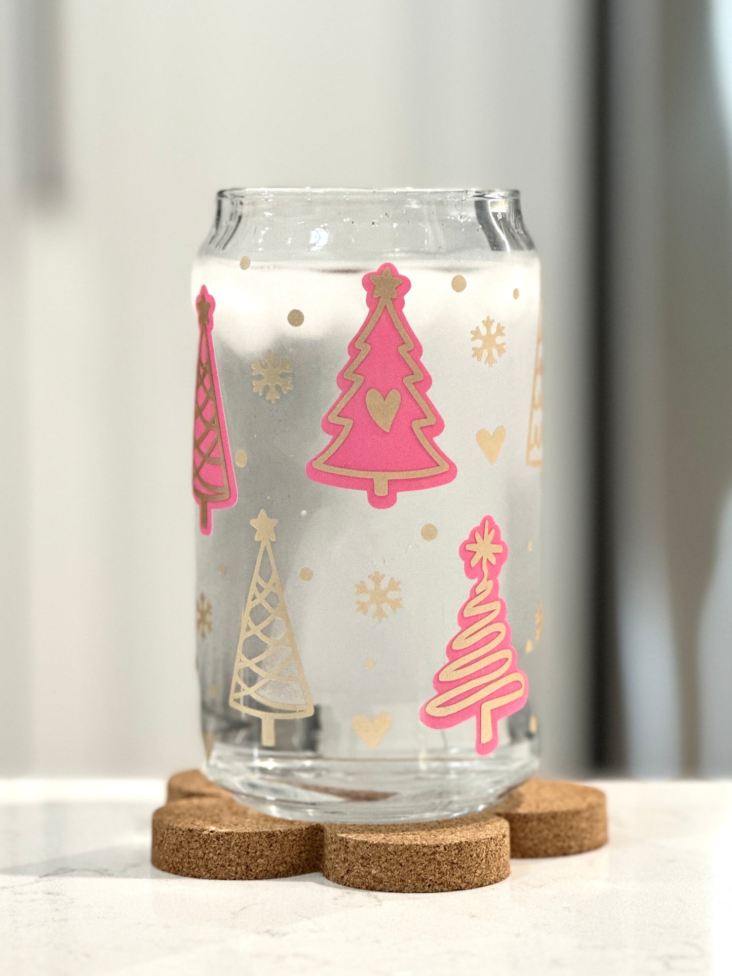 16oz Libbey Can Glass - Pink and Gold Christmas (Cold Colour Changing)