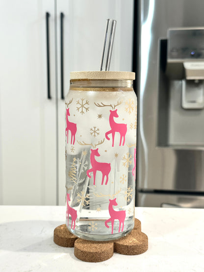 20oz Libbey Can Glass - Pink and Gold Reindeer (Cold Colour Changing)