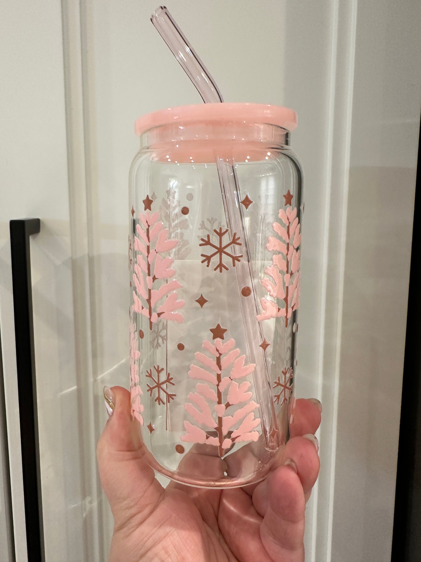 16oz Holiday UVDTF Can Glasses with Matching Lid and Glass Straw