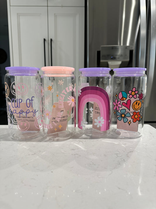 16oz UVDTF Can Glasses with Matching Lid and Glass Straw
