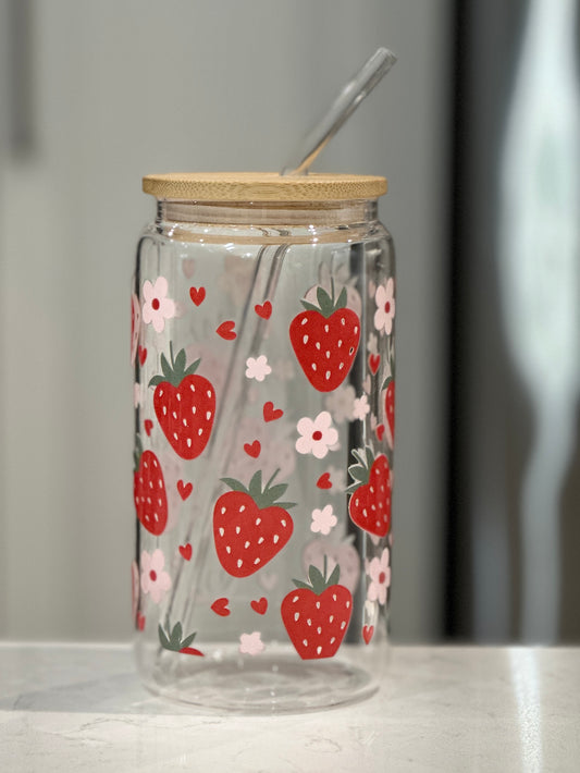 16oz Strawberry Coquette UVDTF Glass Can