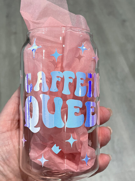 16 oz Can Shaped Glass Cup - Caffeine Queen Holographic