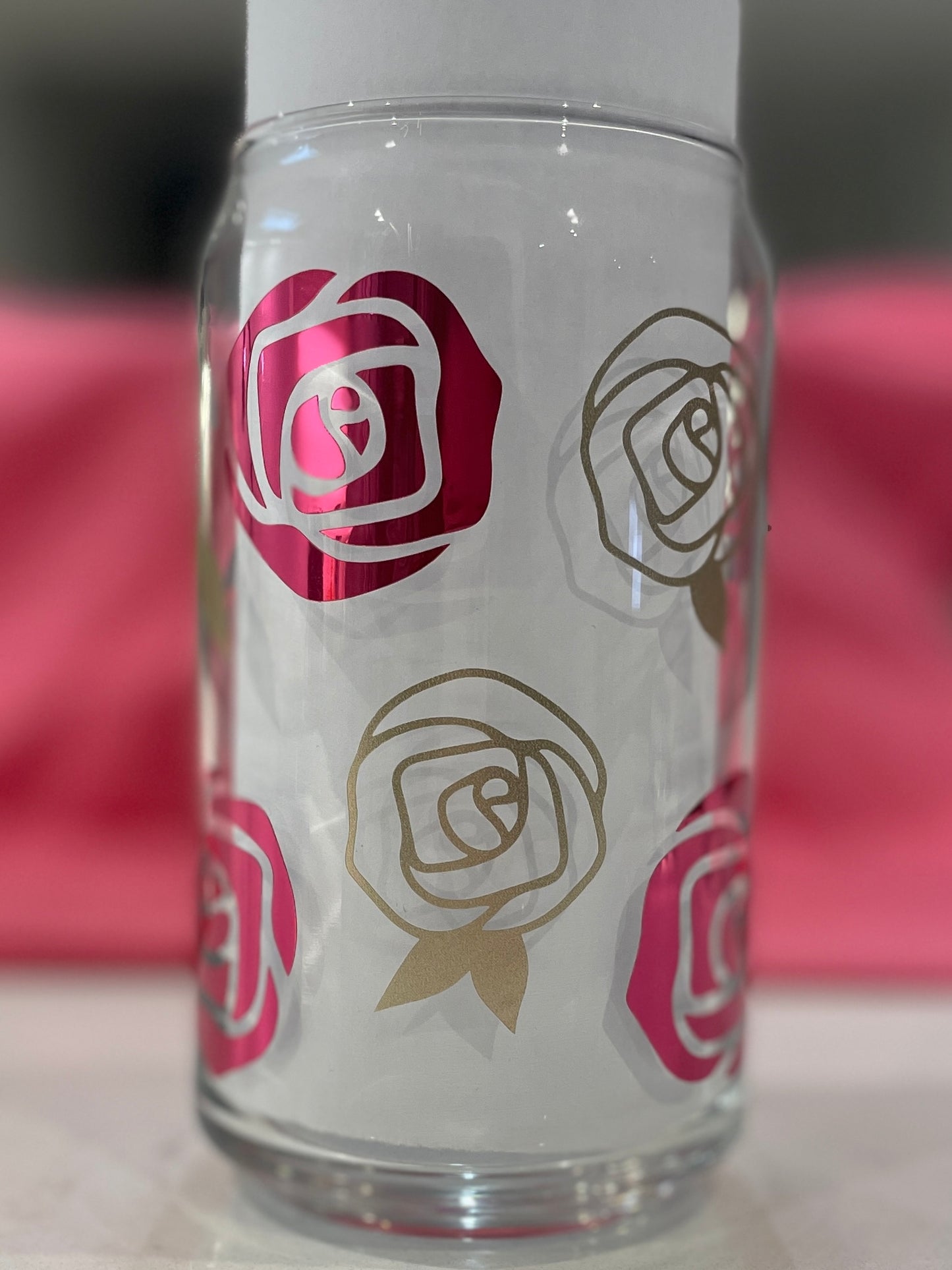 Sample - 16oz Beer Can Shaped Glass Cup - Chrome and Gold Roses