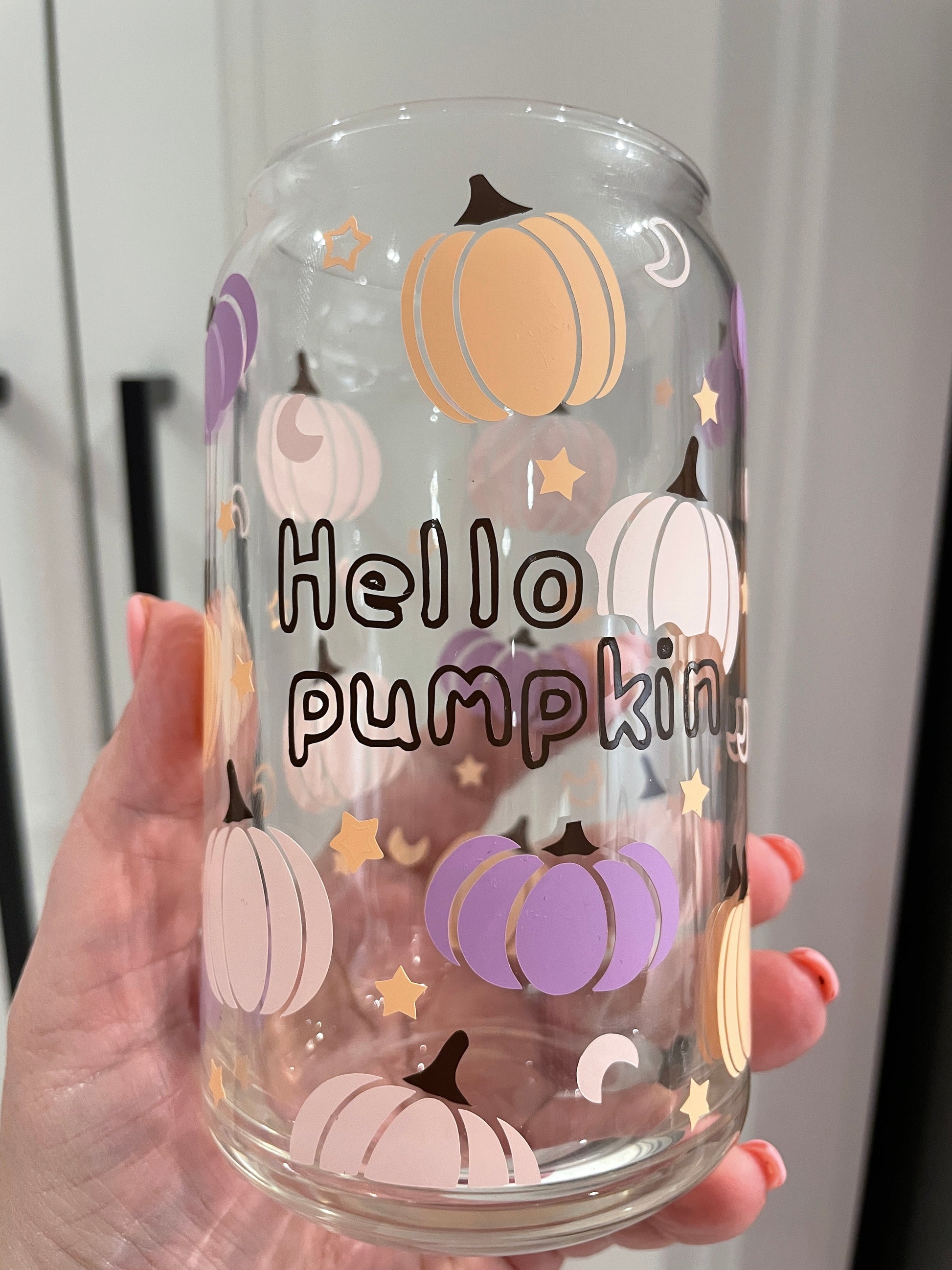 Hello Pumpkin Glass Cup W/ Bamboo Lid &glass Straw Pumpkin 