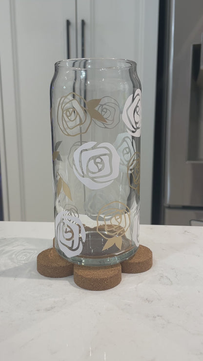 20oz Beer Can Glass - Pink and Gold Roses (Colour Changing)