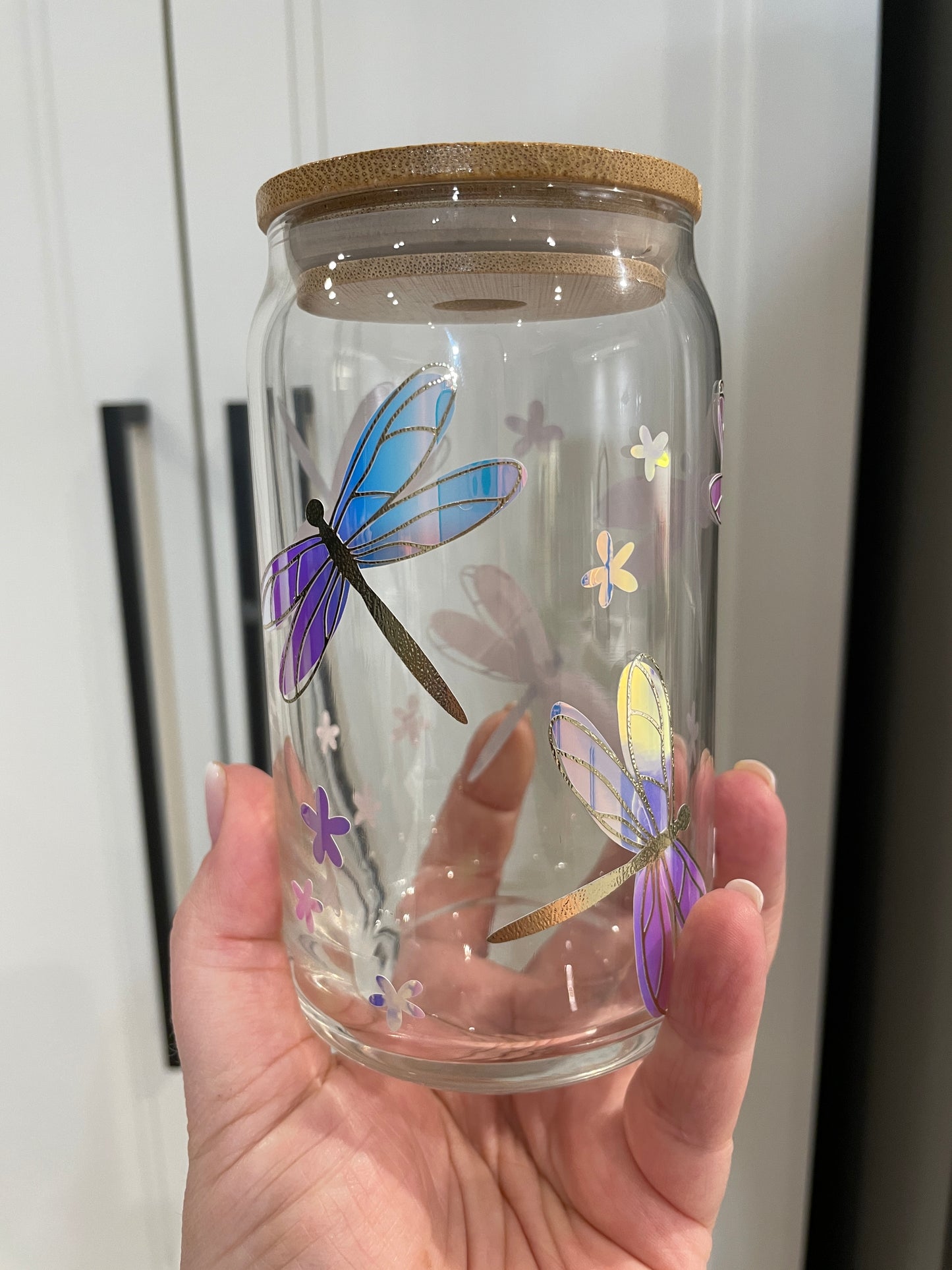 16oz Libbey Glass - Gold and Holographic Dragonflies