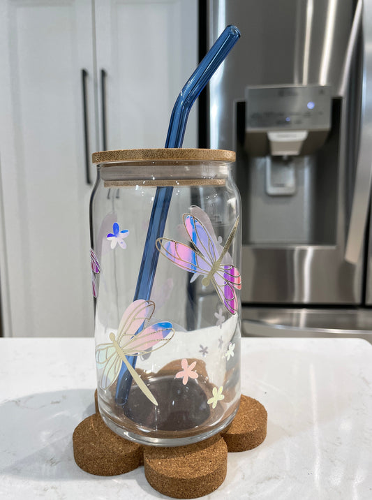 16oz Gold and Holographic Dragonflies Can Glass