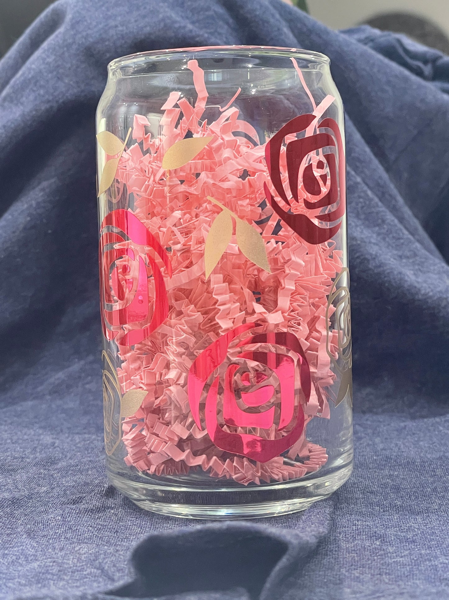 Sample - 16oz Beer Can Shaped Glass Cup - Chrome and Gold Roses