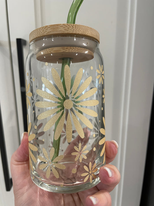 16oz Golden Daisy Can Glass