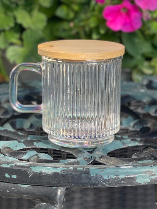 Iridescent Glass Coffee Cup with Bamboo Lid